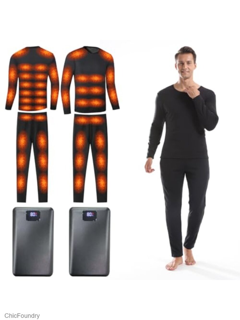 Men's Heated Thermal Underwear Set Long Johns With 2 Rechargeable Batteries
